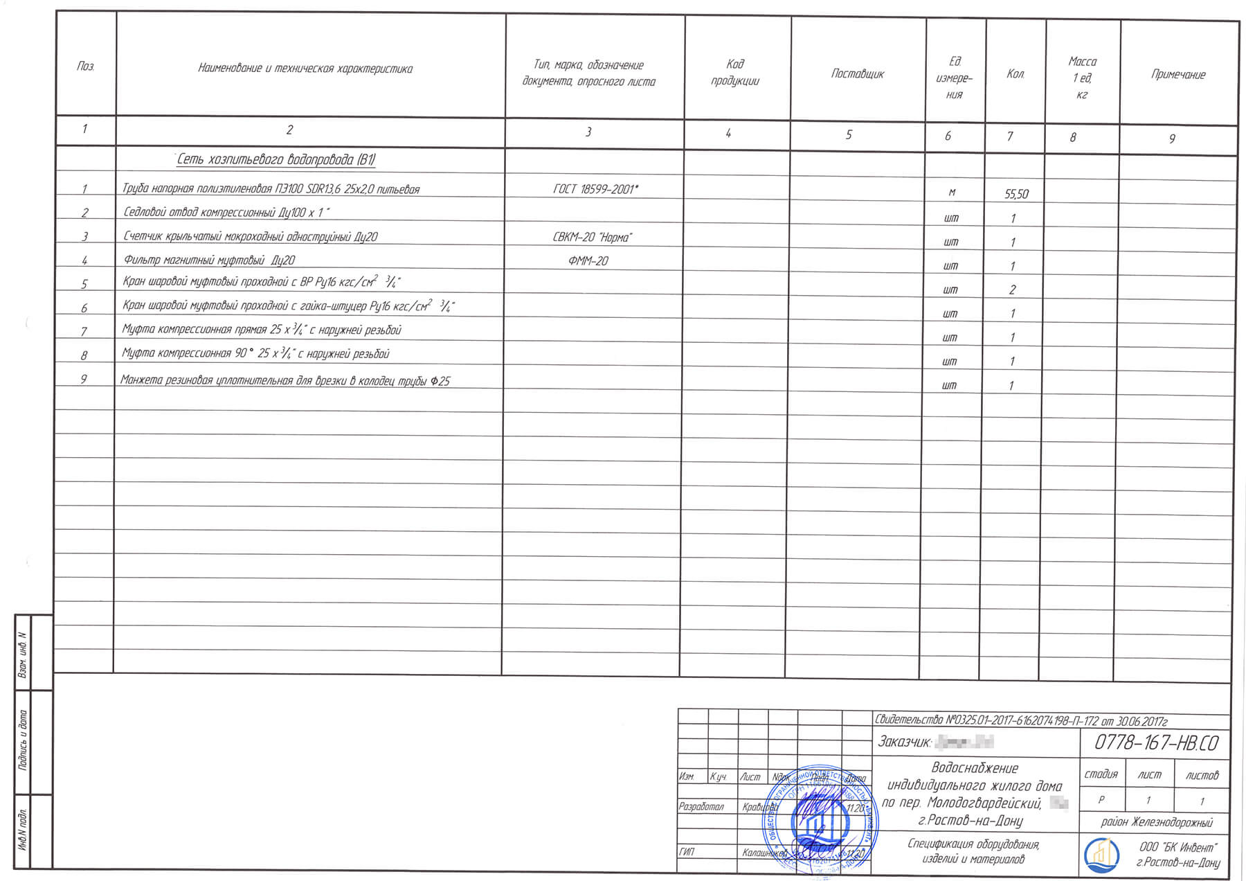 Согласованный проект на воду и канализацию - БК Инвент